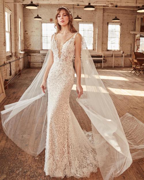 La21228 deep v neck wedding dress with cape sleeves and sheath silhouette1